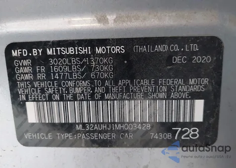 2021 Mitsubishi Mirage Carbonite Edition/Es/Le z USA, uszkodzony, nr VIN ML32AUHJ1MH003428